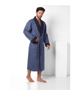 Füme Kareli Pike Bambo Cotton Erkek Sabahlık Bornoz (Lacivert)
