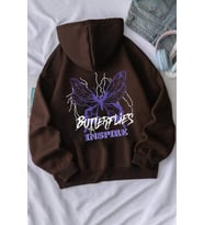 Unisex Butterfly & Letter Graphic Baskılı Sweatshirt (Kahverengi)
