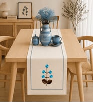 Buldan Keteni Çiçek Nakışlı Runner, Konsol, Sehpa Örtüsü-Naturel&Turkuaz
