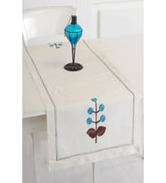 Naturel Buldan Keteni Çiçek İşlemeli 50x130 cm Runner (Turkuaz)