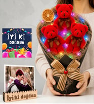 Doğum Günü Hediyesi Kişiye Özel Fotoğraflı Renkli LED Işıklı Peluş Ayıcık Buketi (Kırmızı)