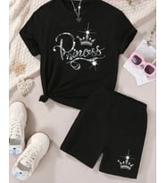 AMOR MAN ÖZEL TASARIM SİLVER PRENCESS BASKILI PAMUK OVERSİZE KADIN T-SHIRT ŞORT TAKIMI (Siyah)