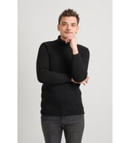 Slimfit Kendinden Çizgili Tam Balıkçı Pamuklu Kalın Triko Erkek Kazak (Siyah)
