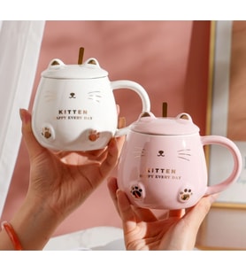 Kedicik Seramik Kupa, Beyaz, 9x8 (Pembe)