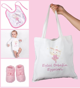 eJOYA Bebeklere Özel Çantasında Kişiye Özel Zıbın Önük Ve Patik Bebek Hediye Seti 109771 (Pembe)