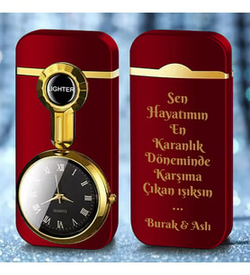 Kişiye Özel İsim ve Söz Baskılı Metal Rüzgar Geçirmez Saatli Gazlı Çakmak 3 Çeşit Renk (Bordo)