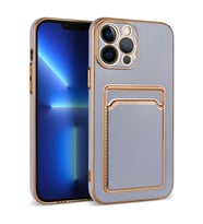 iPhone 12 Pro Max Kılıf Kartlıklı Kamera Korumalı Altın Kenar Tasarım Silikon (Lila)