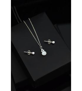 Papatya Silver 925 Ayar Gümüş Beyaz Opal Yuvarlak Kolye Çivili Ve Top Küpe Set (Gümüş)