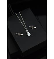 Papatya Silver 925 Ayar Gümüş Beyaz Opal Yuvarlak Kolye Çivili Ve Top Küpe Set (Gümüş)