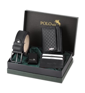 Polo Air Dama Desen Cüzdan Kendinden Kartlık Kemer Çakmak Kombin CM-13 (Siyah)