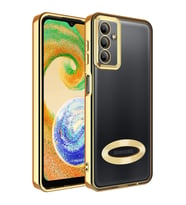 Samsung Galaxy A04S Kılıf Logo Yeri Açık Kamera Lens Korumalı Renkli Kenarlı Şeffaf Silikon (Gold)