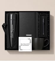 Kişiye Özel 500 ML Deri Çantalı Termos & Siyah Kupa & Siyah Defter & Siyah Mat Roller Kalem Hediye Seti (Siyah)