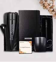 Kişiye Özel 500 ML Deri Çantalı Termos & Siyah Kupa & Siyah Defter & Siyah Mat Roller Kalem Hediye Seti (Siyah)