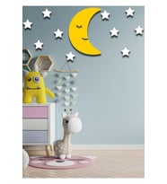 Renkli Aydede + 10 Beyaz Yıldız Çocuk Odası Ahşap Duvar Süsü 32x22Cm (Sarı)