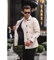 Mero Life Erkek Mevsimlik Astarlı Kemerli Kruvaze Trençkot (Taş)