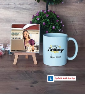 Happy Birthday Fotoğraflı Dekoratif Taş, Kupa Bardak Beyaz Hediye (Model 1)