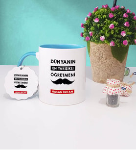 Dünyanın En Yakışıklı Öğretmeni Kupa Bardak ve Anahtarlık (Mavi)