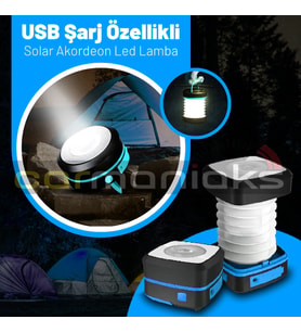 USB Şarj Özellikli Solar Akordeon Beyaz Led Kamp Lambası (Mavi)