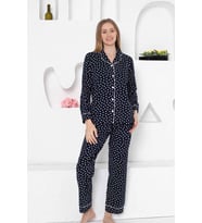 Kadın Kalpli Önden Düğmeli  Uzun Kol Mevsimlik Pamuk Likra Cepli Pijama Takımı (Lacivert)