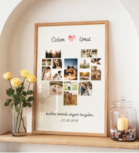 Kişiye Özel Fotoğraflı Kalp Tasarım Çerçeveli Poster (Natural)