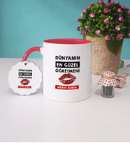 Dünyanın En Güzel Öğretmeni Kupa Bardak ve Anahtarlık (Kırmızı)