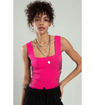 Sifu Tekstil Kadın Kare Yaka Sprey Boyamalı Spor Askılı Triko Atlet Crop Top Bluz SFYZ1002 (Pembe-Fuşya)
