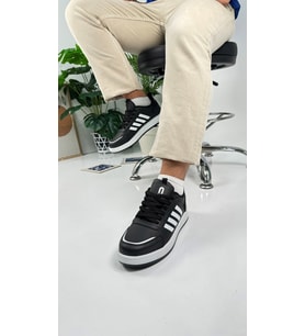 Unisex Sneaker Spor Ayakkabı Bağcıklı 4 Bantlı Çift Renk Desenli Taban 3438 (Siyah - Beyaz)