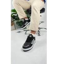 Unisex Sneaker Spor Ayakkabı Bağcıklı 4 Bantlı Çift Renk Desenli Taban 3438 (Siyah - Beyaz)