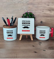 Erkek Öğretmene Hediye Hediye Sepeti Kupa Bardak T Kulplu, Kalemlik ve Dekoratif Taş Öğretmenler Günü Hediyesi (Model 1)