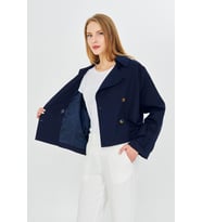 %100 Pamuk Gabardin Astarlı Oversize Geniş Kalıp Kadın Crop Kısa Trençkot 1122 (Lacivert)