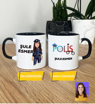 Kişiye Özel Karikatürlü Polis Hediye Kupa Bardak Kadın Polise Polisler Günü Hediyesi (Siyah)