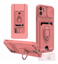 Uyumlu Model Apple iPhone 12 Kılıf Kartlıklı Magnetli Lens Kapatmalı (Pembe)