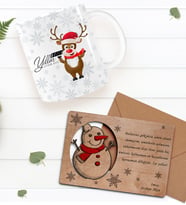 BK Gift Kişiye Özel Mutlu Yıllar Kupa Bardak ve Retro Ahşap Yılbaşı Tebrik Kartı Hediye Seti-5 (Kırmızı)