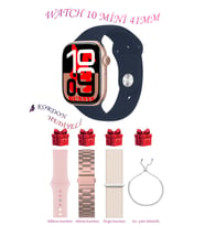 Samsung Galaxy M23 Uyumlu Açık Mavi Akıllı Saat Watch 10 Mini Kordon Hediyeli AMOLED EKRAN 41MM (Altın - Lacivert)