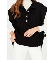 Stil Modern Kadın Regular Standart Kol Dik Yaka Yandan Bağlama Detaylı Yaka Düğmeli Triko Süveter (Siyah)