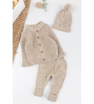 Triko Hırkalı Bereli Unisex Kışlık Şapkalı Bebek Takım (Bej)