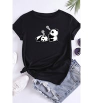 Unisex Uykucu Panda Baskılı Tasarım Tshirt (Siyah)
