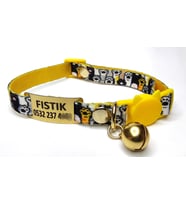 Güvenlik kilitli ( safety click ) Kedi tasması, kedi künyesi, kedi isimlik, sallanmayan kedi künyesi, isimli kedi tasması (Siyah-Sarı)