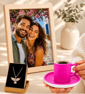 Kişiye Özel Fotoğraflı Hediye Seti Pembe Kahve Fincanı ve Anka Kuşu Kolyeli