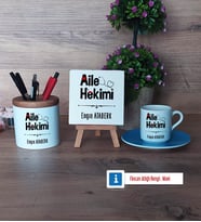 Aile Hekimi Hediye Seti Dekoratif Taş, Kalemlik, Ahşap Altlıklı Türk Kahvesi Fincanı Hediye (Model 5)
