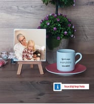 Babaanneye Hediye Fotoğraflı Dekoratif Taş, Ahşap Altlıklı Türk Kahvesi Fincanı Hediye (Model 6)