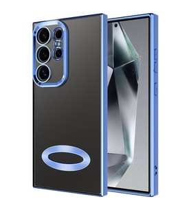 Samsung Galaxy S24 Ultra Kılıf Logo Yeri Açık Kamera Lens Önü Korumalı Renkli Kenarlı Şeffaf Silikon (Mavi)