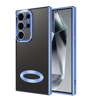Samsung Galaxy S24 Ultra Kılıf Logo Yeri Açık Kamera Lens Önü Korumalı Renkli Kenarlı Şeffaf Silikon (Mavi)