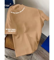 AMOR MAN BÜYÜK BEDEN ÖZEL TASARIM YAKA KOL MOTTO BASKILI PAMUK YENİ TREND BATTAL ERKEK T-SHIRT (Bej)