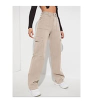 2090 Kadın Likrasız Kargo Cepli Bol Paça Jeans Kot Denim Pantolon (Bej)