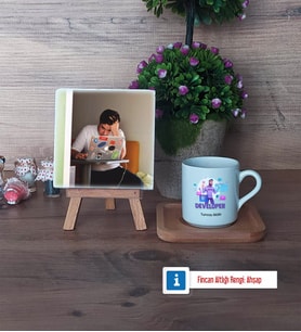 Developer Fotoğraflı Dekoratif Taş, Ahşap Altlıklı Türk Kahvesi Fincanı Hediye (Model 1)