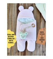 Bebek Battaniyesi Ekstra Yumuşak Dış Kundak Oyuncaklı Kapşonlu Ayıcık Kulaklı Ayaklı Uyku Tulumu (Pembe)