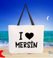 BK Gift I Love Mersin Renkli Kulp Kanvas Plaj Çantası 48x40m, Baskılı Omuz Çantası, Alışveriş Çantası (Siyah)