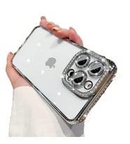 Uyumlu Model Apple iPhone 12 Pro Kılıf Koruma Lensli Taşlı Dizayn Şeffaf Kapak (Gümüş)