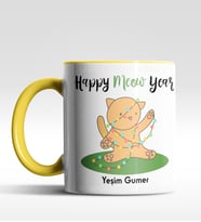 Kişiye Özel Happy Meow Year Kedi Tasarımlı Siyah Kupa (Sarı)